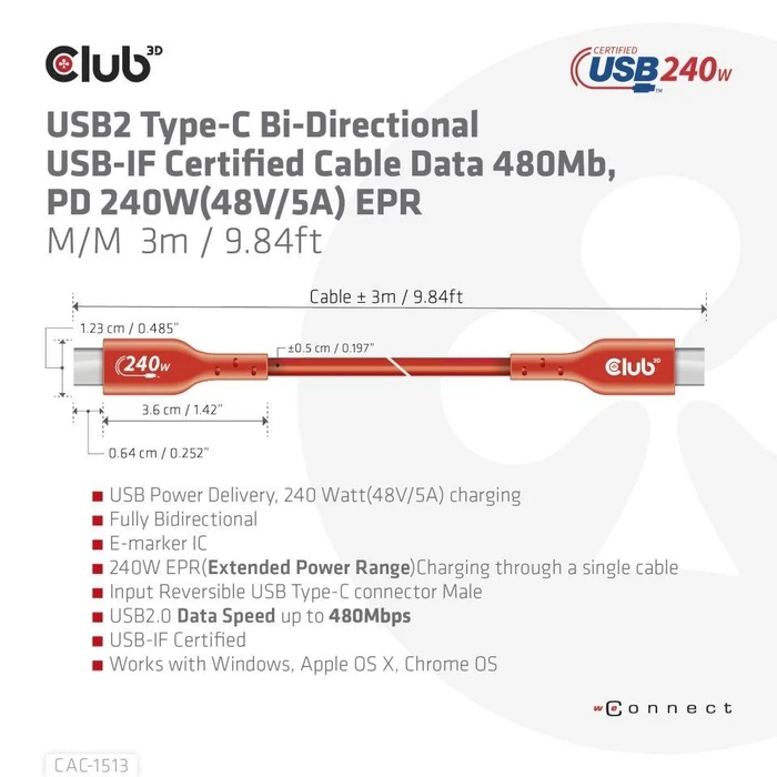Καλώδιο USB Club3D Usb-C To Usb-C 3M/M/M Cac-1513