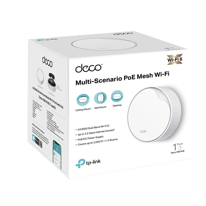 Access Points TP-Link 3000 Mbps Mesh Wi-Fi 6 1X10 1000M 1X2.5Gbe Dhcp Decox50-Poe(1-Pack)