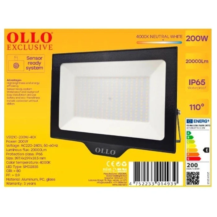 Προβολέας LED Ollo 200Watts Flux 20000Lumen 4000K Ac220-240V 110Degrees Vs121C-200W-40K