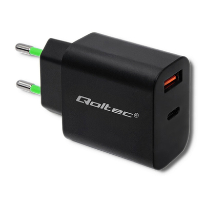 Product Φορτιστής Πρίζας Qoltec 51713 | 18W | 5-12V | 1.5-3A | USB type C PD | USB QC 3.0 | Black base image