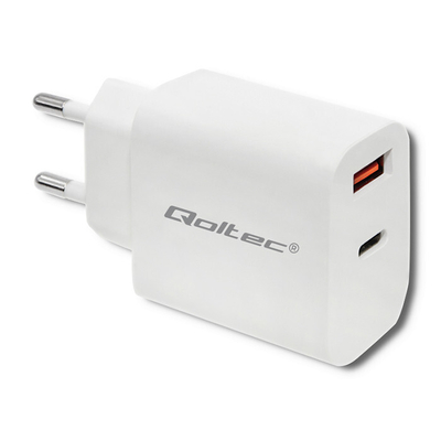 Product Φορτιστής Πρίζας Qoltec 51714 | 18W | 5-12V | 1.5-3A | USB type C PD | USB QC 3.0 | White base image