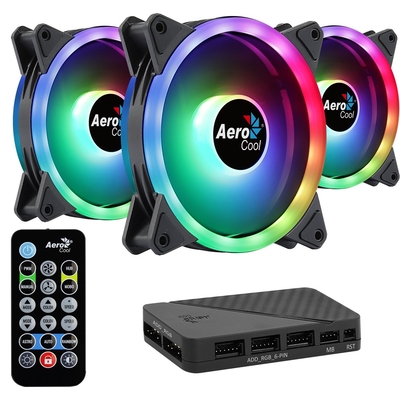 Product Case Fan 12cm Aerocool DUO12PRO Kit 3xFan ARGB Dual Ring Antivibration 6 Pins Black base image