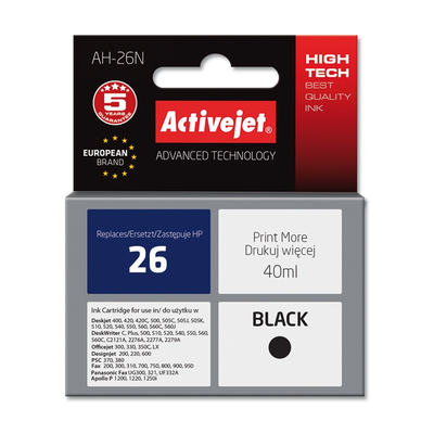 Product Μελάνι συμβατό Activejet AH-26N for HP printer, HP 26 51626A Supreme; 40 ml; black base image