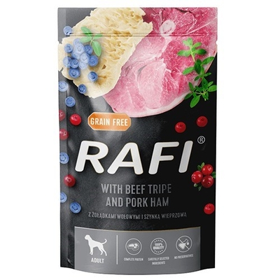 Product Υγρή Τροφή Σκύλων Dolina Noteci Rafi Beef stomachs, ham, blueberry 500g base image