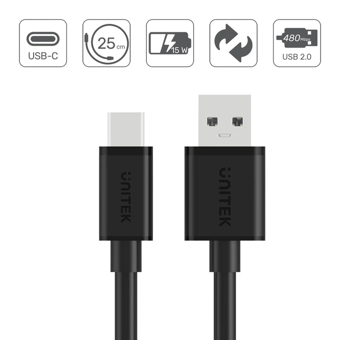 Καλώδιο USB UNITEK USB-A to USB-C 25CM, Y-C480BK