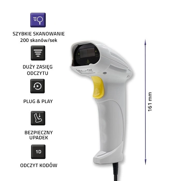 Barcode Scanner Qoltec 50877 Laser 1D ,USB ,White