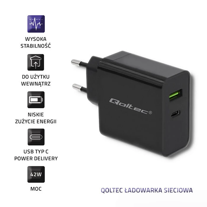Φορτιστής Πρίζας Qoltec 51717 | 42W | 5-20V | 2.25-3A | USB type C PD | USB | Black