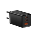 Φορτιστής Πρίζας Baseus με Θύρα USB-A και 2 Θύρες USB-C 65W Quick Charge 3.0 Μαύρος