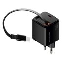 POWERTECH Wall Charger PT 1571 USB C 30W GaN Black with Retractable Cable