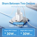 VENTION GaN 2 Port USB C A Charger 30W with 1m USB C to USB C Cable EU Pink