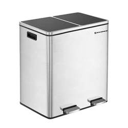 SONGMICS Default Songmics Metal Double Waste Bin Stainless Steel with 2 Pedals and Soft Close System 60 L Silver