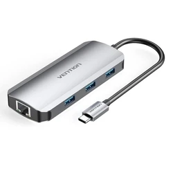 Docking Station Vention Type-C to HDMI/USB 3.0x3/RJ45/PD 100W 0.15M Gray Aluminum