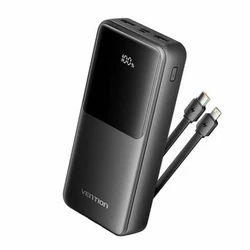 Power Bank Vention 20000mAh 22.5W Black LED Display with Built In Type C and Lightning Cables FHPB0