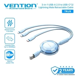 VENTION Default 3 in 1 USB 2.0 Type A Male to USB C Male USB C Male and Lightning Male Retractable Cable 1.1m Blue
