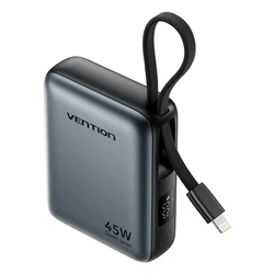 Vention 10000mAh Mini Power Bank (USB-C + USB-C/Lightning) with Built-in USB-C and Lightning Cables 45W Gray (FKMH0) (VENFKMH0)