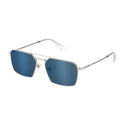 Police Unisex Sunglasses Silver Metal Frame Blue Lens SPLL07-59579B