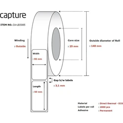 Capture Adhesive Labels Roll for Label Printer 90x60mm 8 pcs