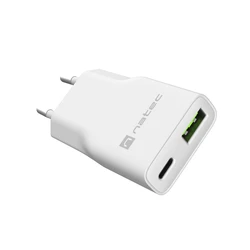 Natec Φορτιστής GaN 20W (USB-A + USB-C, PD 3.0, Quick Charge 3.0) Λευκός NUC-2376