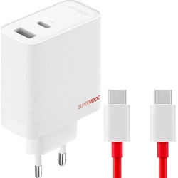 OnePlus Φορτιστής GaN με Θύρα USB-A και Θύρα USB-C και Καλώδιο USB-C - USB-C 80W Power Delivery Λευκός (SUPERVOOC)