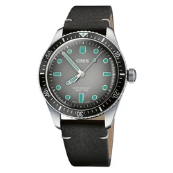 Oris Men's 40 mm Automatic Divers Sixty‑Five Watch, Grey Dial, Black Leather Strap (Model 40530752089)