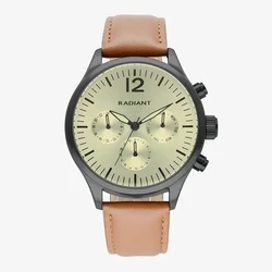 Radiant Men's Watch RA641704 — 43 mm Black Metal Case, Brown Leather Strap, Golden Dial, Quartz Analog