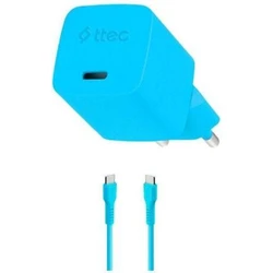 TTEC Travel Charger SmartCharger GaN 20W PD USB C with USB C 3A 120cm Cable Neon Blue