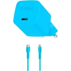 Travel Charger TTEC SmartCharger GaN 20W PD with USB C to Lightning Cable 120 cm Neon Blue