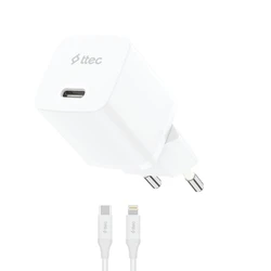 TTEC SmartCharger GaN 30W PD Travel Charger with USB C to Lightning Cable White