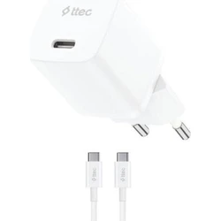 TTEC Power Adapter SmartCharger GaN 30W PD Travel Fast Charger with USB C to USB C 60W Cable White