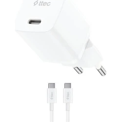 TTEC SmartCharger GaN 20W PD Travel Fast Charger with USB C to USB C 60W Cable White