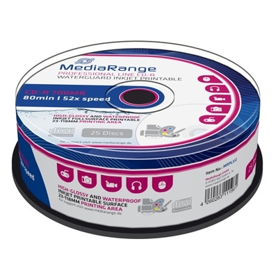 Product CD-R MediaRange 80' 700MB 52x Inkjet fullsurf. print., Waterguard white base image