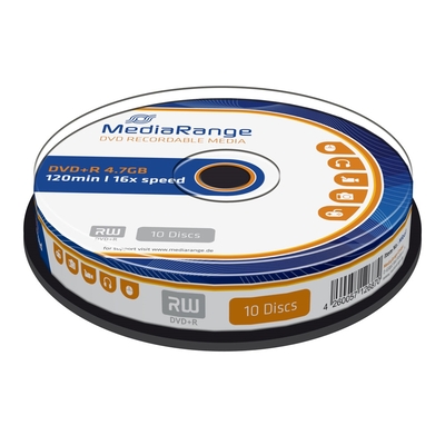 Product DVD+R MediaRange 120' 4.7GB 16x Cake Box x 10 (MR453) base image