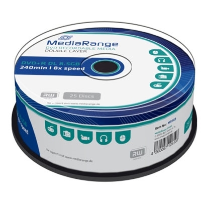 Product DVD+R MediaRange Dual Layer 240' 8.5GB 8x Cake Box x 25 (MR469) base image