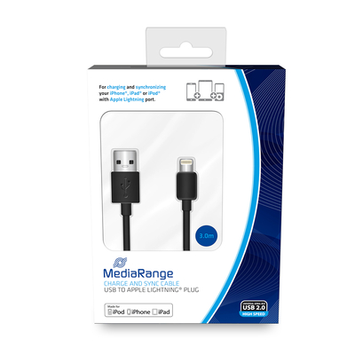 Product Καλώδιο USB MediaRange 2.0 to Apple Lightning plug, 3.0m, black (MRCS180) base image