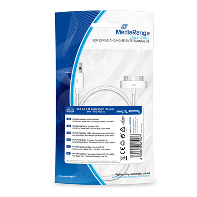 Product Καλώδιο USB MediaRange 2.0 to Apple Dock (30-pin) plug, 1.0m, white (MRCS181) base image