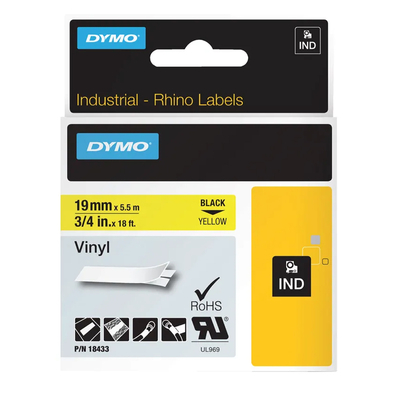 Product Ταινία Ετικετογράφου DYMO Rhino 18433 Vinyl 19mm. (Μαύρα Γράμματα σε Κίτρινο Φόντο) (S0718470) (DYMO18433) base image
