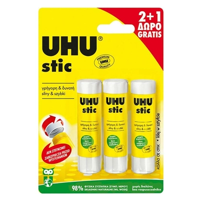 Product Κόλλα UHU Stick για Χαρτί 3τμχ 8.2gr Χωρίς Διαλύτες (UHU41275) base image