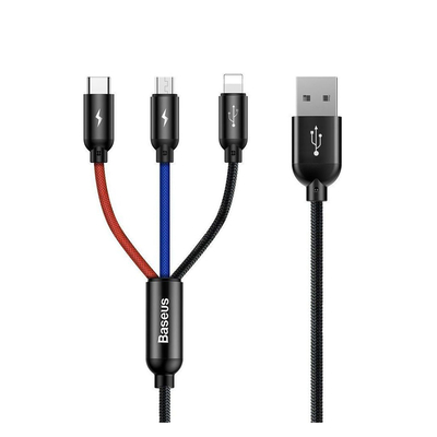 Product Καλώδιο USB Baseus Three Primary Colors 3-in-1 Braided to Lightning / Type-C / micro 3A Μαύρο 1.2m base image