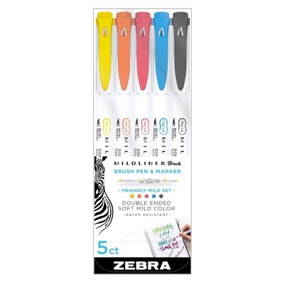 Product Μαρκαδόροι Zebra Mildliner Double Ended Brush Pen & Marker Bold & Fine Point 5 Pack Friendly Mild base image