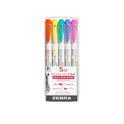 Product Μαρκαδόροι Zebra Mildliner Double Ended Brush Pen & Marker Bold & Fine Point 5 Pack Refresh Mild base image