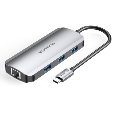 Product Docking Station Vention Type-C to HDMI/USB 3.0x3/RJ45/PD 100W 0.15M Gray Aluminum base image