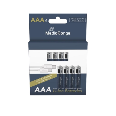 Product Μπαταρία Επαναφορτιζόμενη MediaRange USB-C Li-Ion Micro AAA I 1.5V I 500mAh, 4-Pack (MRBAT160) base image