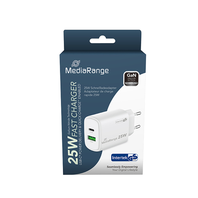 Product Φορτιστής ΠρίζαςMediarange 25w Gan (Eu-Plug), 1x Usb-C And 1x Usb-A, Usb-C® Power Delivery And Quick Charge Enabled, White) (Mrma112-2) base image