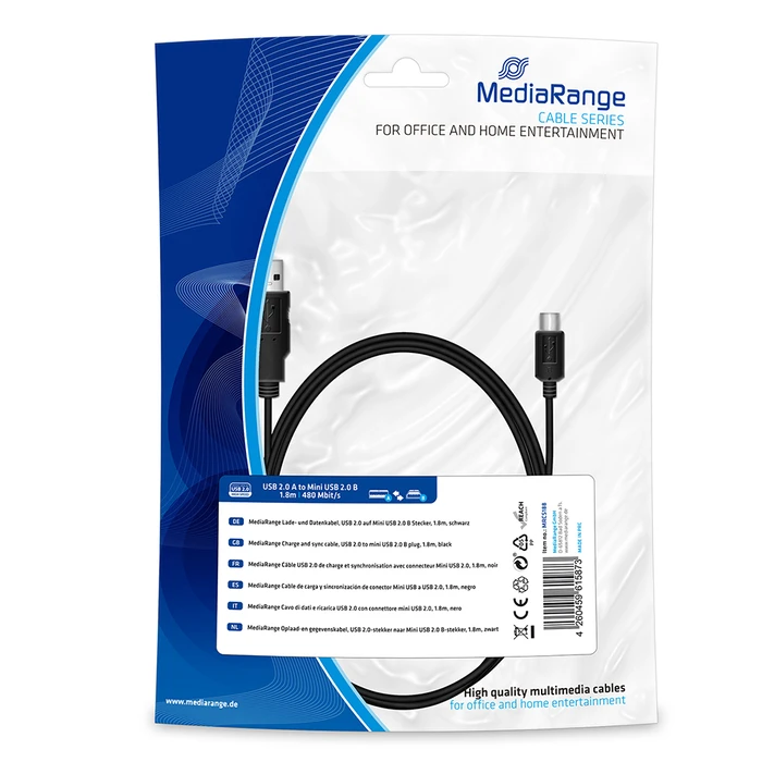 Καλώδιο USB MediaRange 2.0 to mini USB 2.0 B plug, 1.8m, black (MRCS188)
