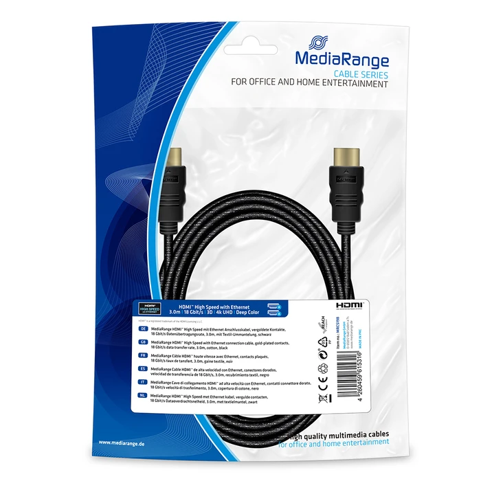 Καλώδιο HDMI MediaRange High Speed, gold-plated contacts,3.0m, cotton, black