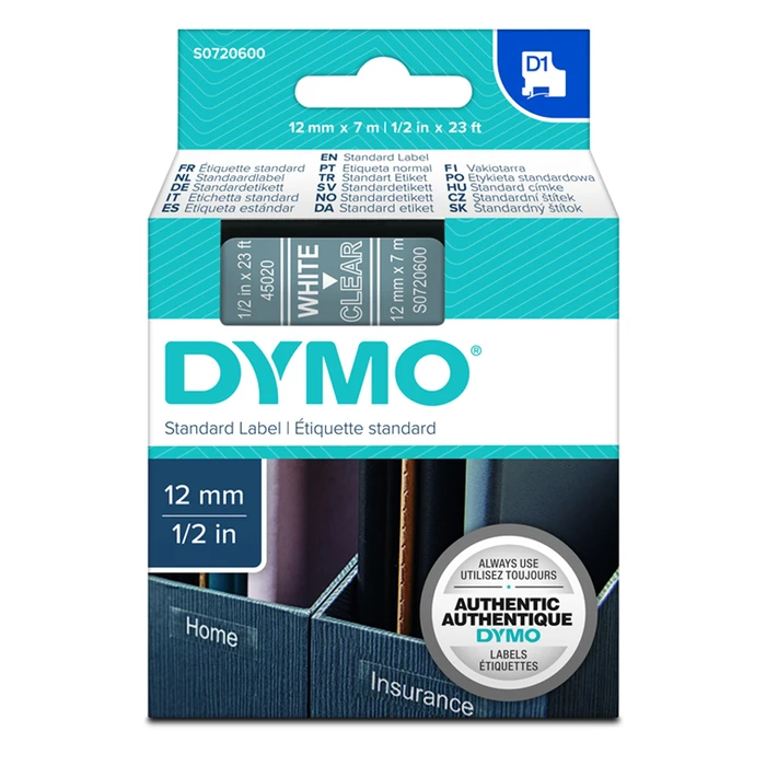Ταινία Ετικετογράφου Dymo Standard 45020 12 mm x 7 m (Λευκά Γράμματα σε Διάφανο Φόντο)