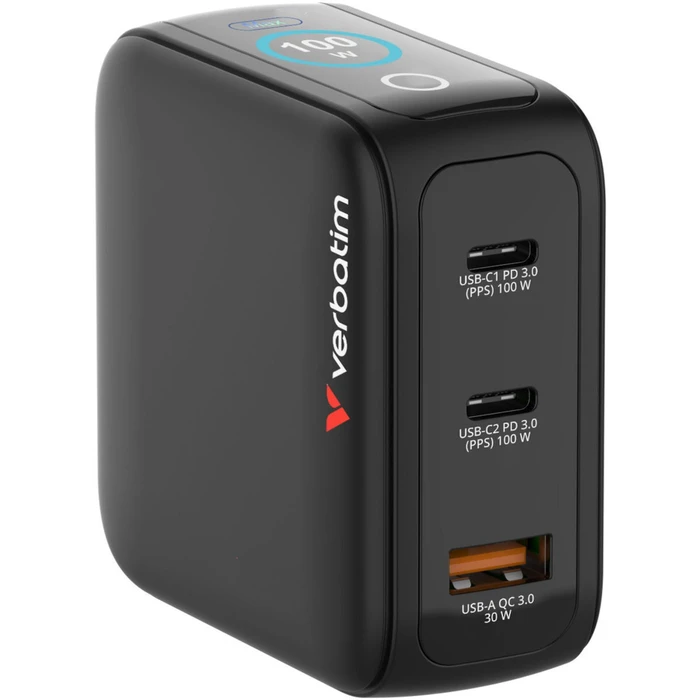 Καθολικός φορτιστής μπαταριών Verbatim Mini GaN Charger 100W με οθόνη, 2x USB-C και 1x USB-A, μαύρο