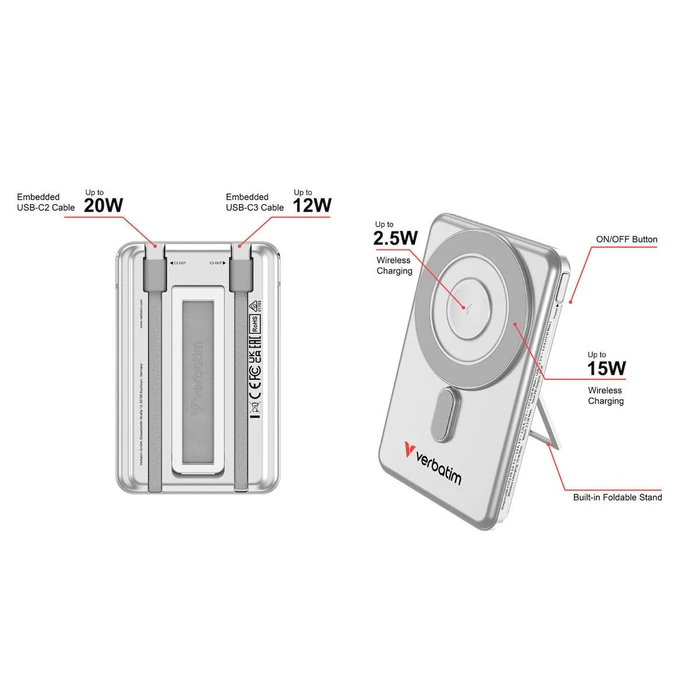 Power bank Verbatim Charge'n'Go 2C 5000mAh Magnetic Silver 32276