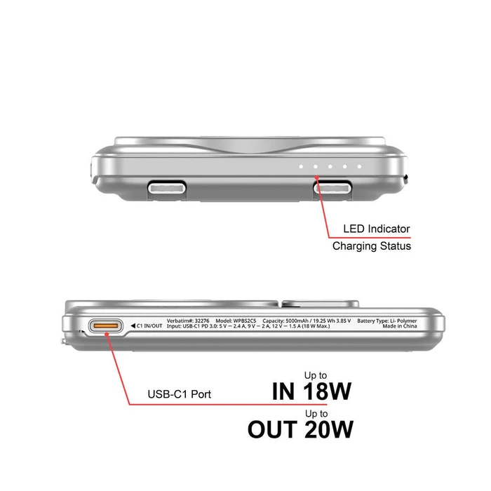 Power bank Verbatim Charge'n'Go 2C 5000mAh Magnetic Silver 32276