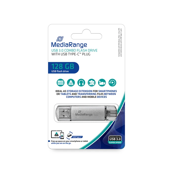 USB Flash 128GB MediaRange USB 3.0 Combo USB Type-C plug, (MR938)